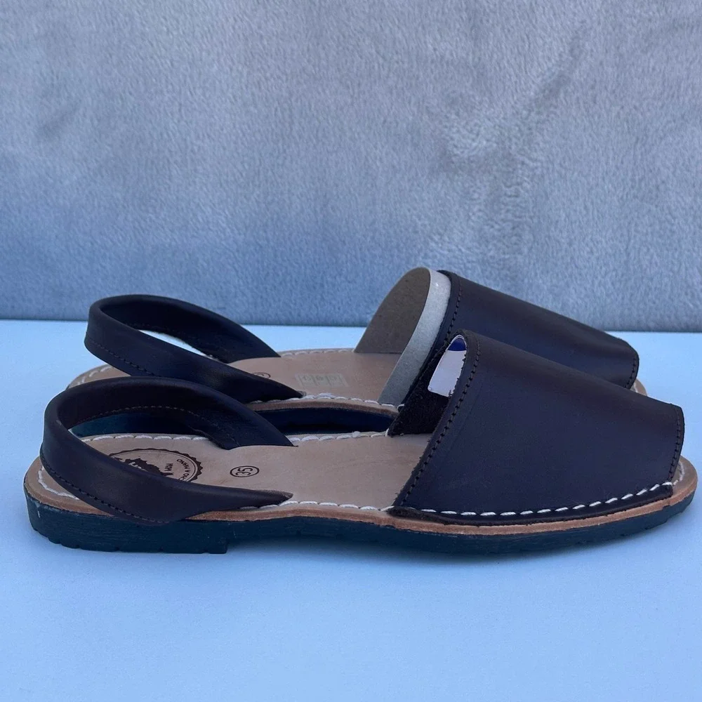 Avarcas de Ibiza Menorcan Leather Slingback Sandals Brown Peep Toe Flats Size 35